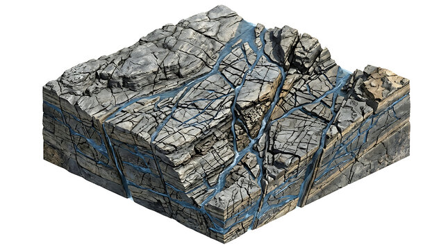Isolated Isometric 3D Cross Section Illustrating Fractured Geological Rock Strata and Mineral Veins