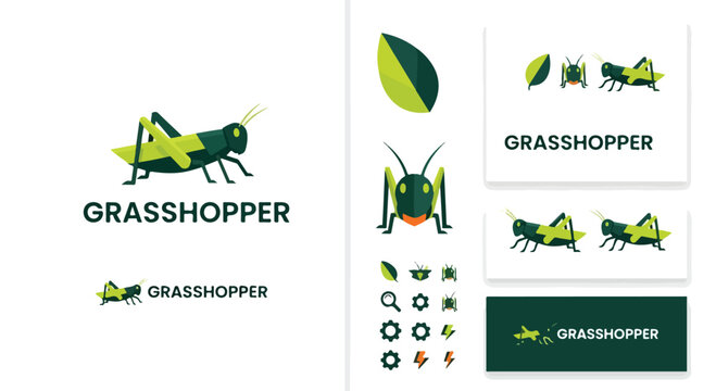 Collection of green grasshopper illustrations and logo designs on white background for branding