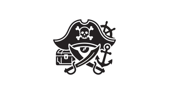 Black and white pirate themed icon featuring a skull hat swords and treasure chest.