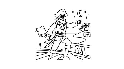 Obraz premium Line art illustration of a pirate captain holding a treasure map on a ship deck.