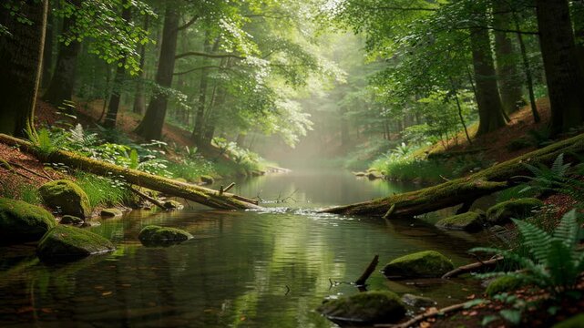Peaceful forest stream with moss-covered rocks and sunlight filtering through green trees in a tranquil natural setting