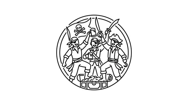 Line art illustration of three cheerful pirates celebrating with drinks and swords around a treasure chest.