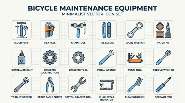 Bicycle maintenance equipment icon set.