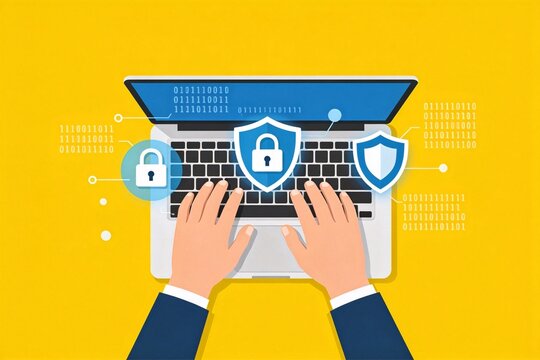 Laptop with digital security symbols