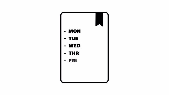 A weekly schedule notepad with weekday list on white, useful for planners, agenda reminders, business schedules, and animated organization graphics.