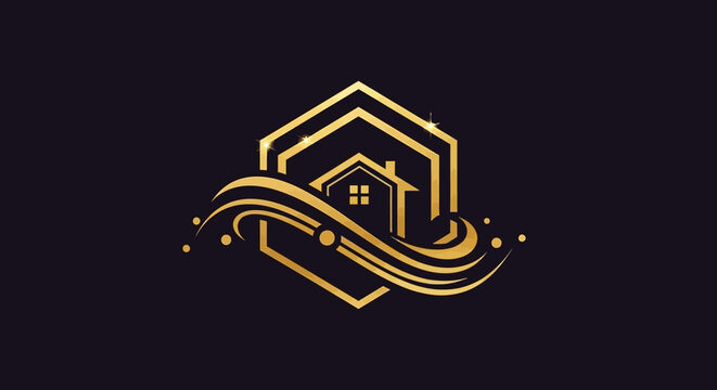 Golden house logo on black background.
