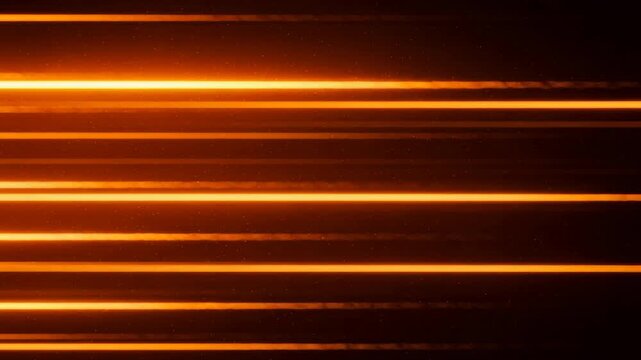 Abstract glowing orange horizontal light streaks on dark background with particles for futuristic design