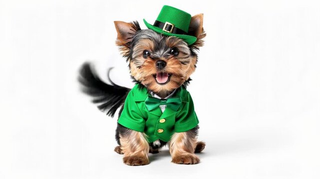 Cute Yorkshire Terrier puppy dressed in green St Patrick's Day outfit with hat and bow tie on white background
