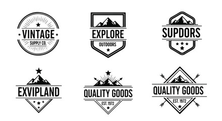 Fototapeta premium Collection of vintage and outdoor themed labels with mountain and star designs on white background