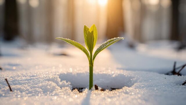 Young green plant sprouting through snow with sunlight in the forest nature growth concept