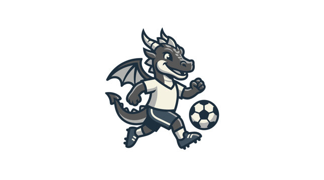 Cute dragon character wearing soccer jersey playing football.