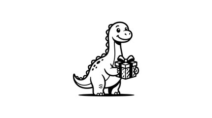 Obraz premium Cute white dinosaur character holding wrapped gift box present.
