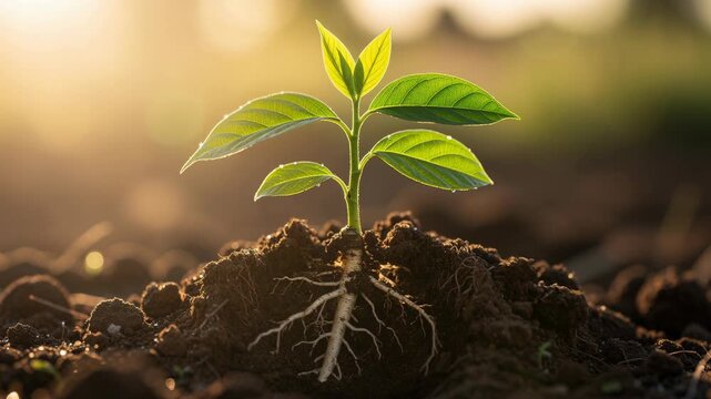 Young green plant seedling growing in fertile soil with visible roots and sunlight in the background