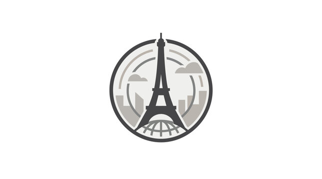 Detailed circular Eiffel Tower logo with city backdrop.
