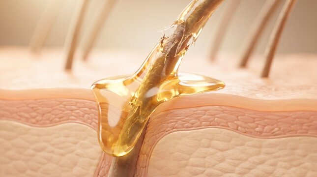 A close-up 3D medical illustration showing a strand of hair emerging from skin with golden oil.