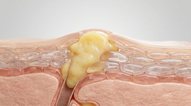 A cross-sectional 3D medical illustration showing the development of a whitehead pimple in human skin.
