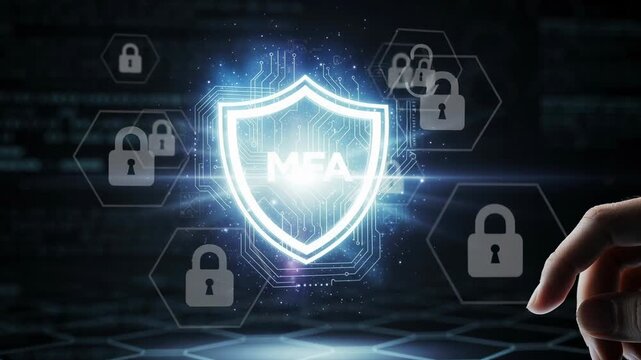 Cybersecurity concept with multi factor authentication shield and digital locks protecting data