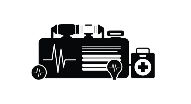 Medical emergency response concept with first aid kit and defibrillator