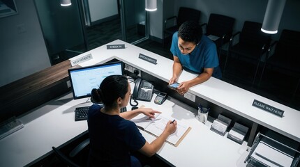 Obraz premium Modern Medical Reception Desk Interaction with Professional Healthcare Staff