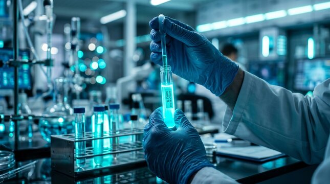 Advanced Biotechnology Research Laboratory With Glowing Test Tubes