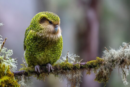 A plump, emerald green kakapo parrot perched serenely on a moss-covered branch in its natural forest habitat