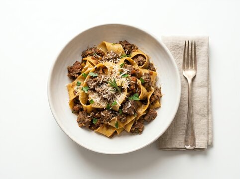 Italian pappardelle al rag&ugrave; di cinghiale wild boar pasta from top view in ceramic bowl gourmet minimal style