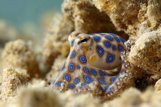 A Small Blue-Ringed Octopus with Vivid Blue Rings Nestled Amongst Rocky Coral