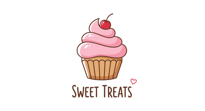Sweet treats cupcake illustration with pink frosting and cherry