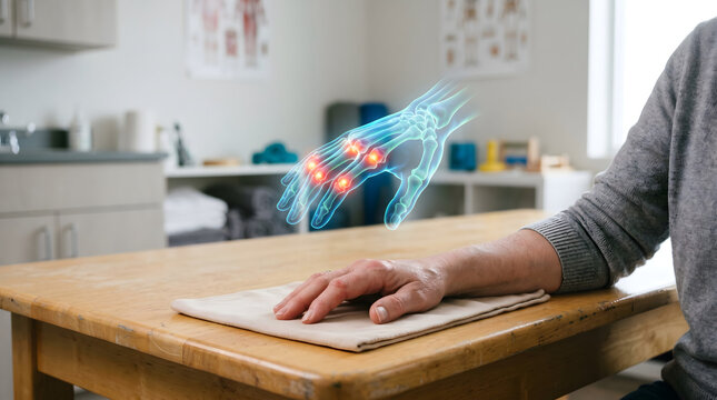 Patient with sore fingers and holographic hand joint scan in a clean therapy clinic