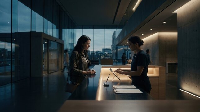 Modern Reception Desk Interaction At Dusk