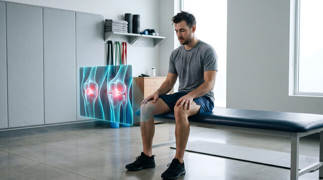 Patient with sore knees beside holographic knee recovery scan in sports clinic