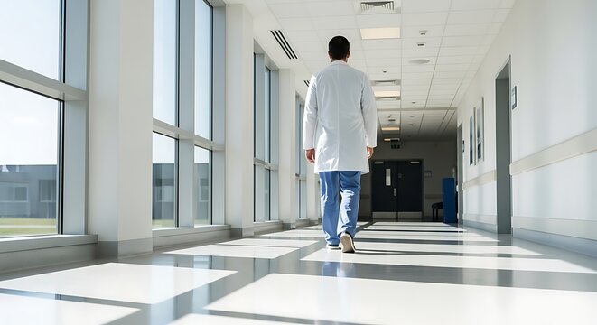 Medical Doctor in White Coat Walking Down Bright Hospital Corridor