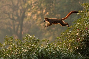 Fototapeta premium Agile lemur leaping through lush green forest branches with a long, bushy tail, captured in golden sunlight