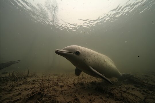 An Irrawaddy dolphin swims gracefully through murky river water, showcasing its aquatic habitat.