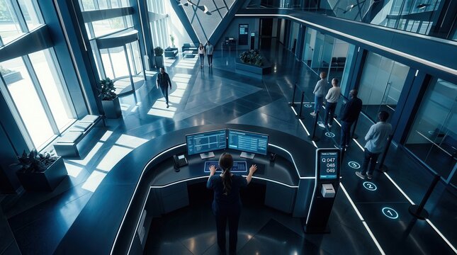 Modern Office Reception Area with Social Distancing Queue System
