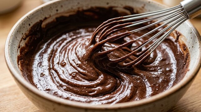 Close up of smooth rich chocolate batter being whisked in a rustic ceramic bowl creating swirling patterns perfect for baking desserts like cakes brownies or cookies with a delightful homemade touch