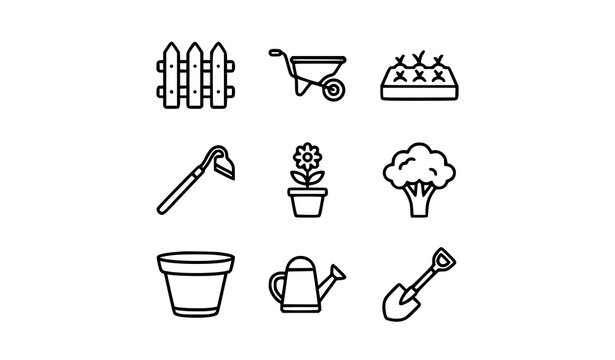 Flat Outline Garden Elements Icon Pack Featuring Tools, Plants and Vegetables for Web and App Design