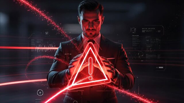 Businessman holding glowing red warning sign with futuristic digital interface and data visualization