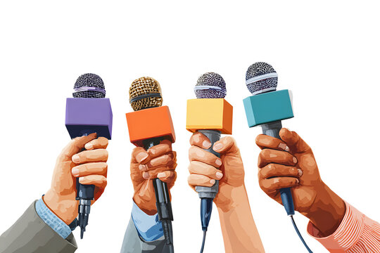 Watercolor cartoon illustration colorful microphones held by four hands at press conference or media interview event isolated on cutout PNG or transparent background. Symbol journalism, news reporting