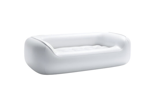 Modern inflatable mini chair or sofa white isolated on cutout PNG or transparent background. Can be conveniently carry when travelling. Furniture portable suitable for both children and adults.