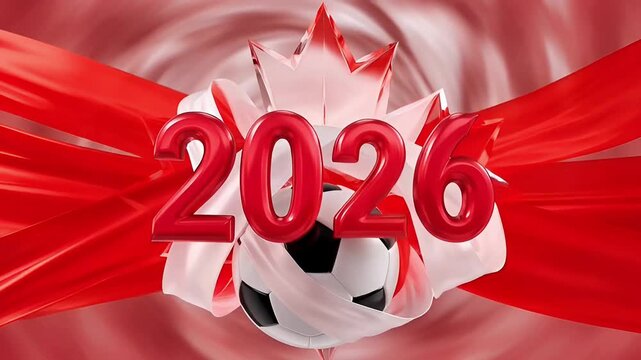 soccer ball located in the center against a spinning maple leaf background with red and white silk ribbons and volumetric red numbers 2026 concept 3d render illustration
