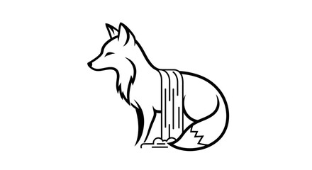 Fototapeta premium Minimalist line art icon of a fox and waterfall.