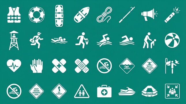 Lifeguard and Water Safety Icons Collection Featuring Rescue Equipment Safety Signs and Emergency Symbols