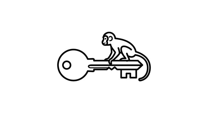 Minimalist line art monkey sitting on skeleton key.
