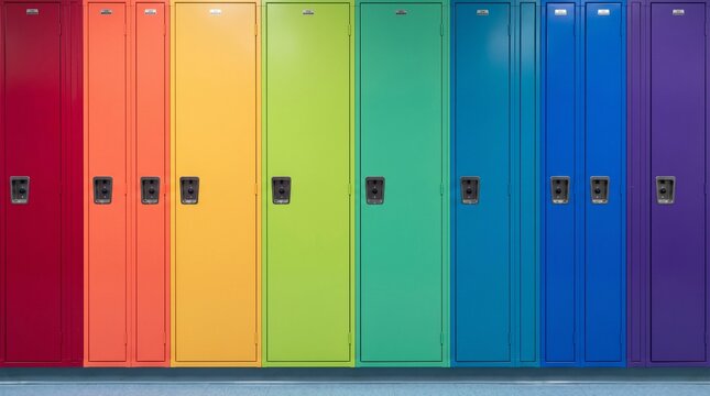 Row of colorful lockers in rainbow gradient from red to purple with metal handles and numbered doors in a school hallway