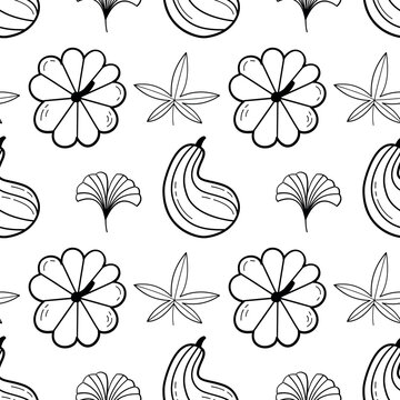Autumn pumpkin and leaves seamless pattern black and white fall line art vector background for thanksgiving coloring page wrapping fabric