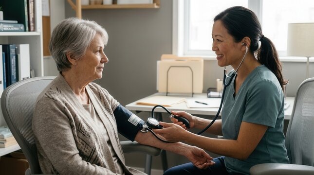 Nurses Taking Care Of Senior Patients Health Vital Signs Monitoring