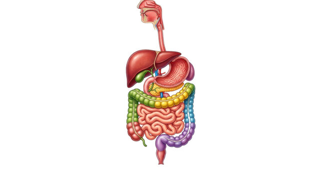 Colorful illustration of human digestive system with labeled organs