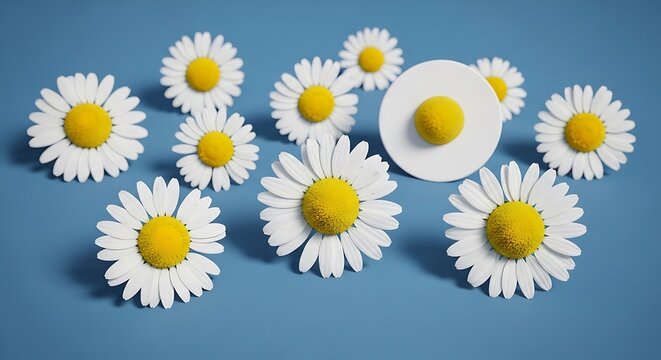White daisies and an egg styled as a flower on a blue background