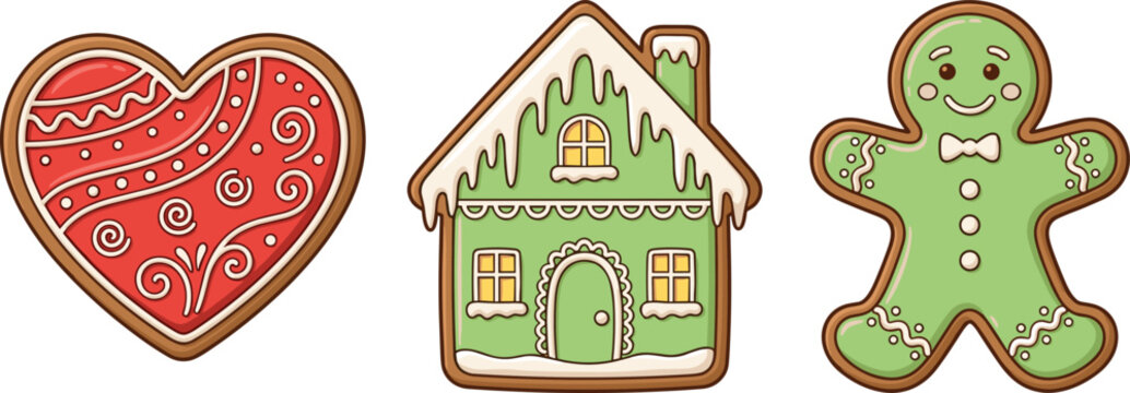 Christmas Gingerbread Cookie Icon Set with Decorated Icing Heart, Green Winter House, and Cute Gingerbread Man for Festive Holiday Baking, Advent Cards, and Bakery Vector Graphic DesignsChristmas Ging